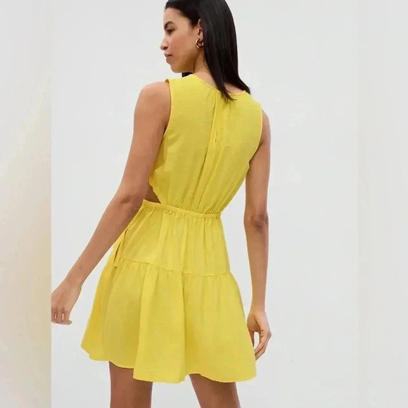Gap Side Tie Cut Out Mini Dress Crew Neck Large Lemon Yellow - Picture 2 of 8